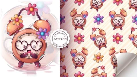 Clock with flower - seamless pattern Stockillustratie