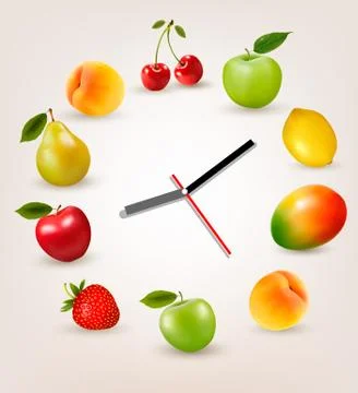 Clock with fruit. diet time concept. vector. Stock Illustration