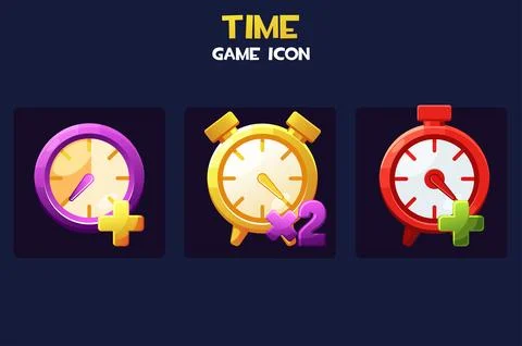 Clock game time icons, golden, watch for gui. Stock Illustration