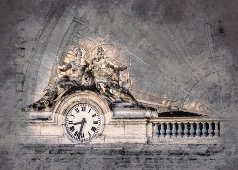 Clock,  Gare de l'Est, Paris, France Stock Illustration