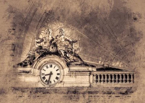 Clock,  Gare de l'Est, Paris, France Stock Illustration