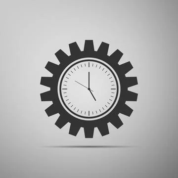 Clock gear icon isolated on grey background. Time Management symbol. Flat d.. Stock-Illustration