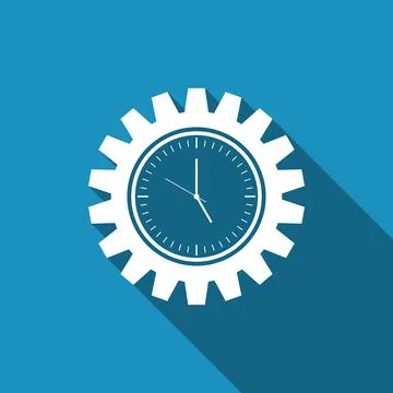 Clock gear icon isolated with long shadow. Time Management symbol. Flat des.. Stock-Illustration