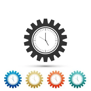Clock gear icon isolated on white background. Time Management symbol. Set e.. Stock-Illustration