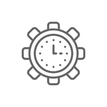 Clock in gear, tech watch, productivity, efficiency, time management line icon. Stock-Illustration