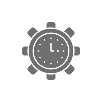 Clock in gear, tech watch, productivity, efficiency, time management grey icon. Illustrazione stock