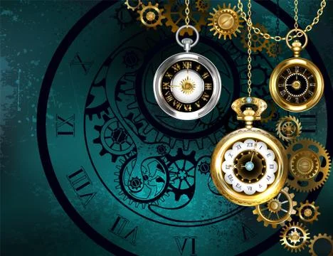 Clock with gears on green background Stock Illustration