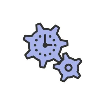 Clock with gears, tech time flat color line icon. Stock Illustration