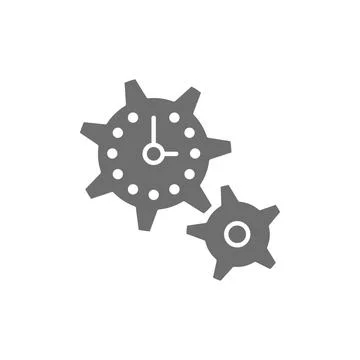 Clock with gears, tech time grey icon. Stock Illustration