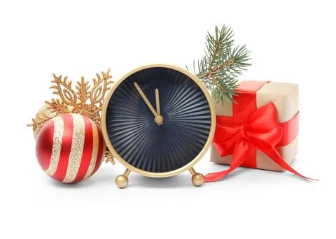 Clock, gift and festive decor on white background. Christmas countdown 스톡 사진