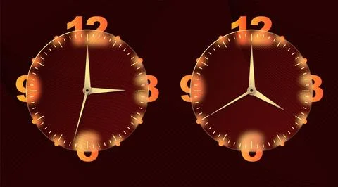 Clock glassmorphism effect. Set 3d style round timer Gold clock face and hand Stock Illustration