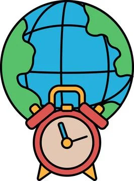 A clock is on a globe with the hands pointing to the number 12 Stock Illustration