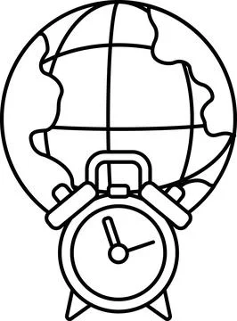A clock is on a globe with the hands pointing to the number 12 Stock Illustration