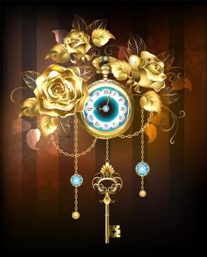 Clock with gold roses Stock Illustration