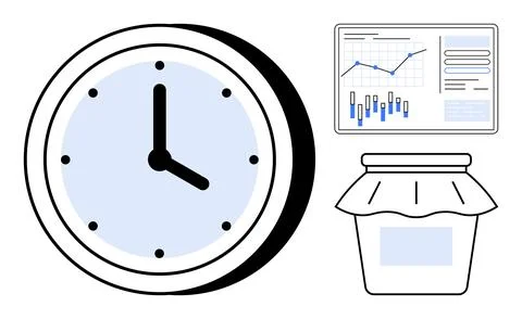 Clock, Graph Chart, and Jam Jar Representing Time Management, Data Analysis.. Stock Illustration