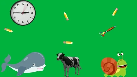 Clock green screen white background cartoon whale black cow standing snail. Stock Footage 310562839
