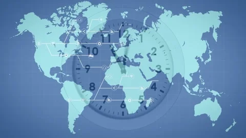 Clock hand sweeping clockwise, lines drawing across world map, nodes pulsing for Видео 317465733