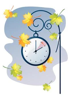 The clock hand switches to winter time. Autumn landscape with a clock face Stock Illustration