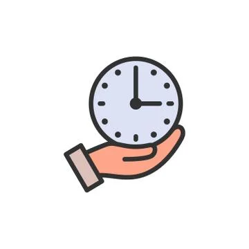 Clock in hand, time management flat color line icon. Stock Illustration