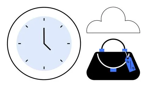 Clock with handbag and cloud representing time management, organization, an.. Stock Illustration
