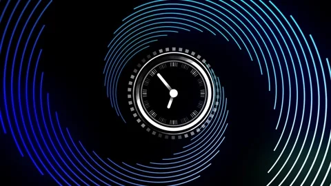Clock hands appearing on dial initiating spiral arcs rotating, inner blocks Stock Footage 334703041