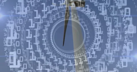 Clock hands moving over binary code animation in circular pattern Stock Footage 303738793