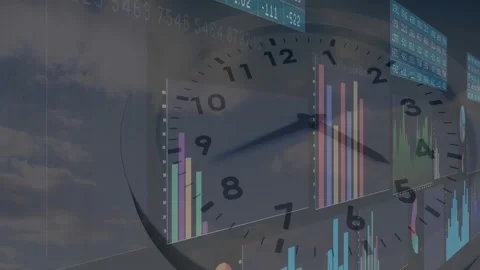 Clock hands reaching ten o'clock spurring data sliding and transforming into bar Stock Footage 317206772
