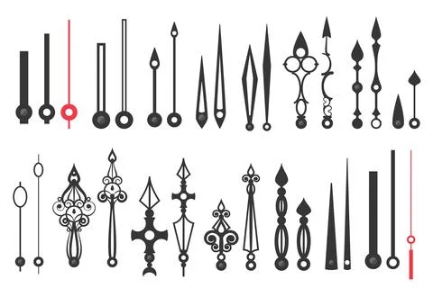 Clock hands set, black and red line time pointers, steampunk minute and hour Stock Illustration