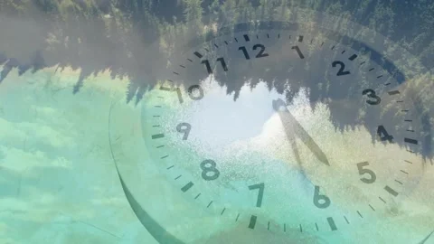 Clock hands starting rotating face dissolving revealing teal lake and forest Stock Footage 328330280