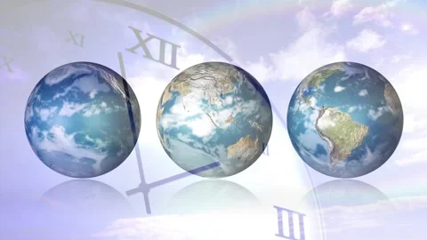 Clock hands sweeping starting three Earth globes rotating, reflecting highlights Stock Footage 328584501
