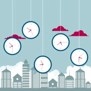 The clock hangs over the city. The background is blue. Stock Illustration