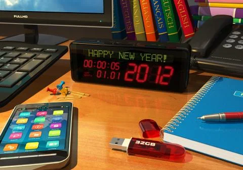Clock with "Happy new year!" message on table Stock Illustration