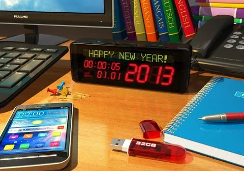 Clock with "Happy New Year!" message on table Illustrazione stock
