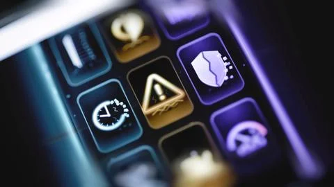 Clock hazard triangle and shield share glowing grid Stock Photos