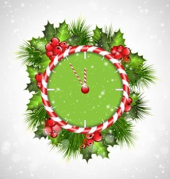 Clock with holly and pine on grayscale Stock-Illustration
