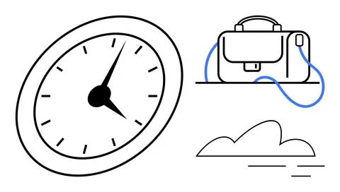 Clock with hour and minute hands, briefcase with strap, and cloud illustratio イラスト素材