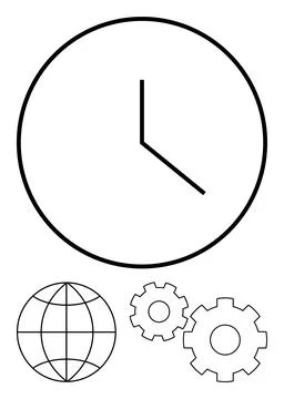 Clock with hour and minute hands, globe with latitude and longitude lines, an Stock Illustration