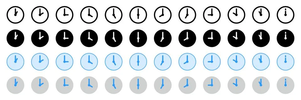 Clock icon collection for time interface design, displaying 12-hour time in.. Stock Illustration
