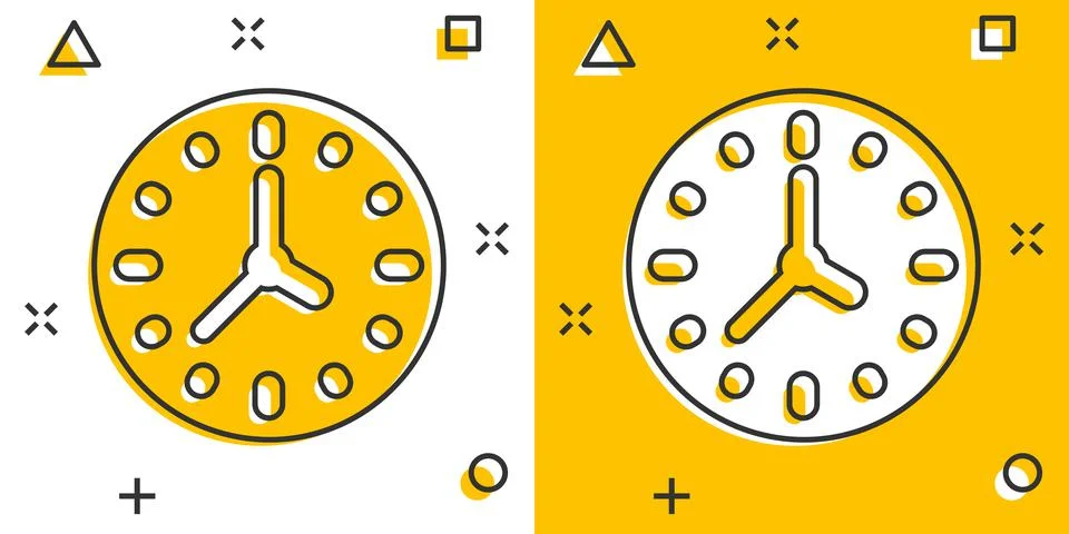 Clock icon in comic style. Watch cartoon vector illustration on white isolate Ilustración de archivo