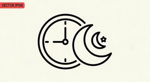 Clock icon with crescent moon and star symbol representing prayer times or .. Stock Illustration