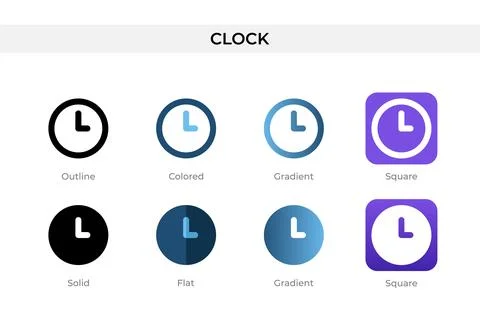 Clock icon in different style. clock vector icons designed in outline, soli.. Stock-Illustration