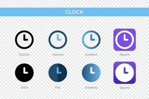 Clock icon in different style. clock vector icons designed in outline, soli.. Illustrazione stock