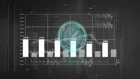 Clock icon fading in causing bars appearing, updating data, reshaping graph, Stock Footage 310150780