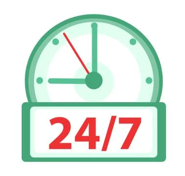 Clock icon, flat design. Watches 24h, 7 days a week isolated on white backg.. Stock Illustration