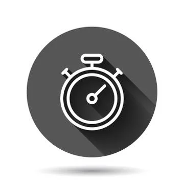 Clock icon in flat style. Watch vector illustration on black round background Illustrazione stock