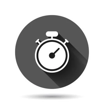 Clock icon in flat style. Watch vector illustration on black round background Illustrazione stock