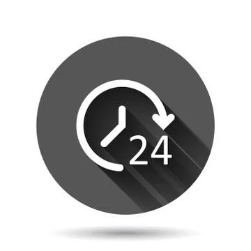 Clock icon in flat style. Watch vector illustration on black round background Illustrazione stock