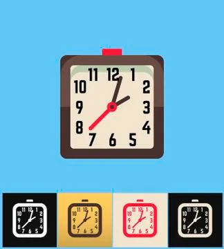Clock icon. Flat vector illustration on colored backgrounds. Brown square analog Stock Illustration