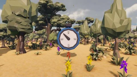 Clock icon with low poly landscape 3d render Illustrazione stock