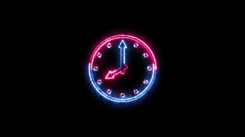 Clock icon neon fire blue pink color black background Stock Illustration
